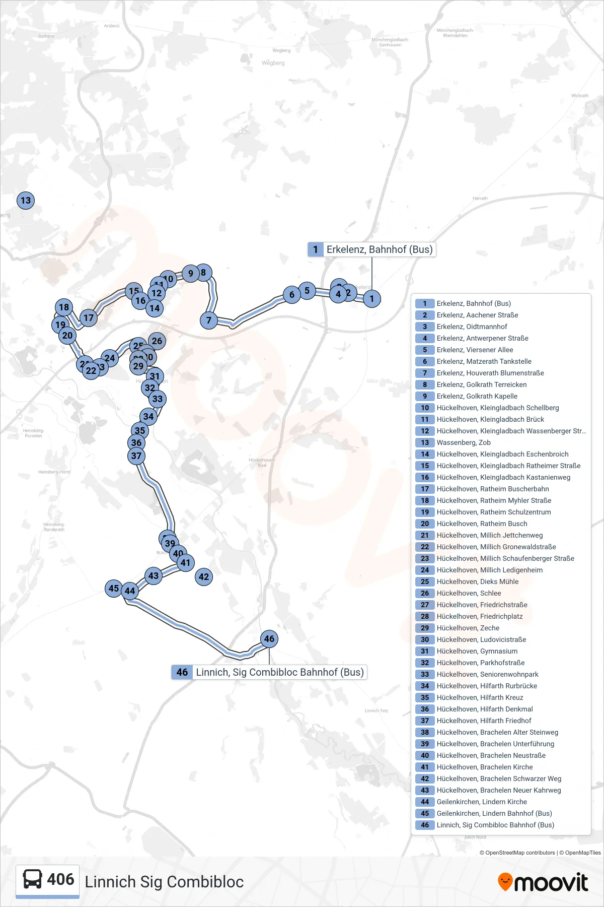 Linie 406 (Bus) Richtung Linnich Sig Combibloc: Route und Haltestellen auf der Karte