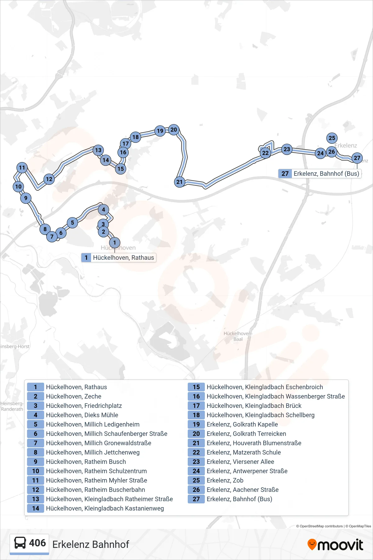 Linie 406 (Bus) Richtung Erkelenz Bahnhof: Route und Haltestellen auf der Karte
