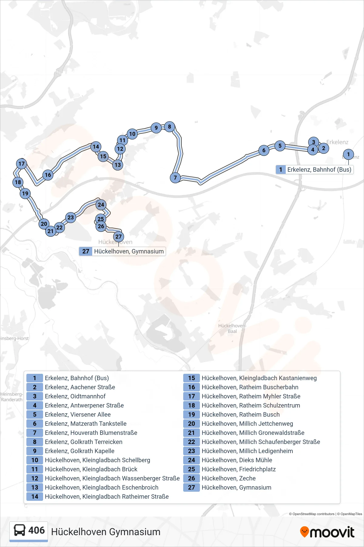 406 bus Line (Hückelhoven Gymnasium) route and stops on a map