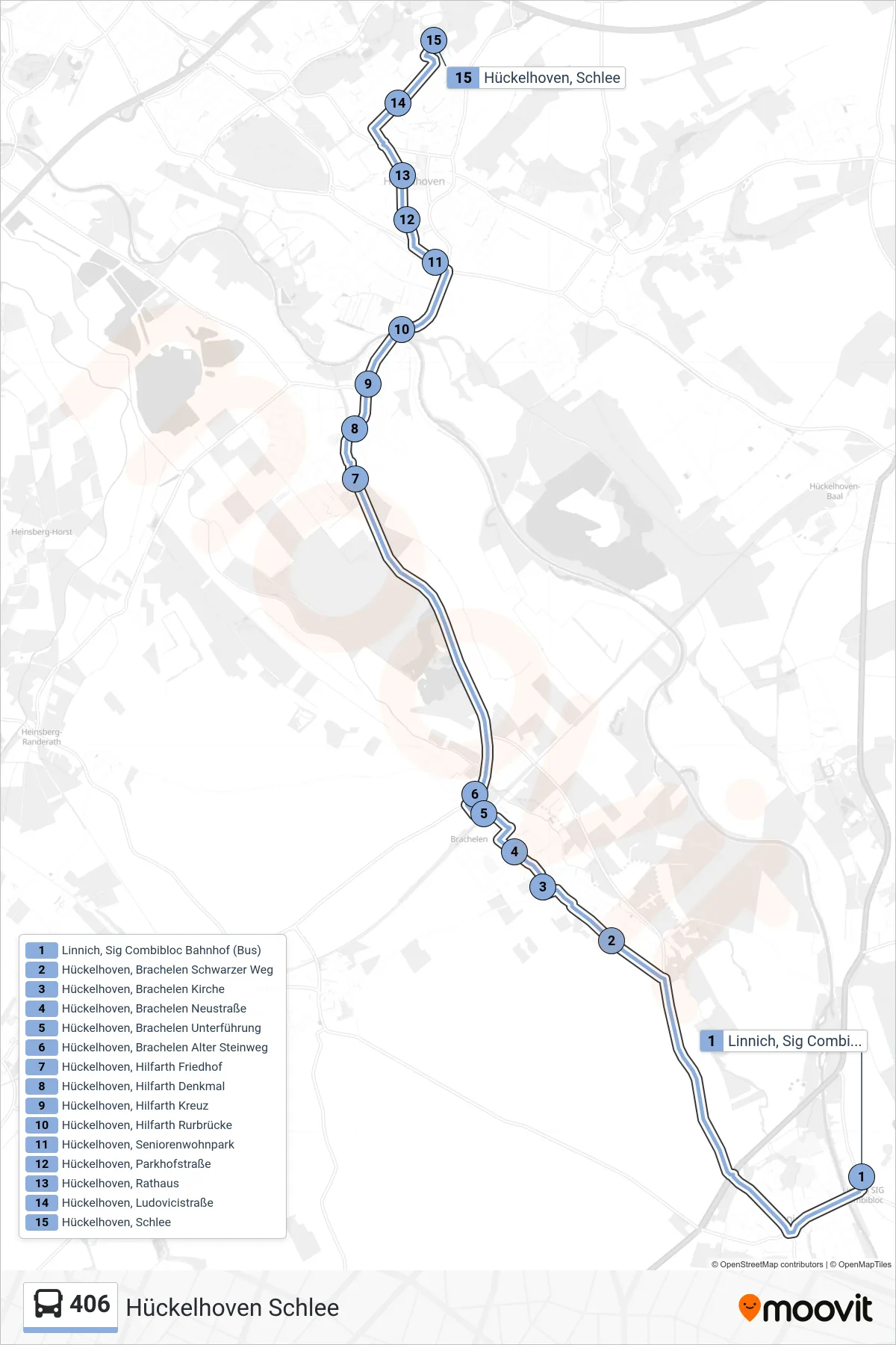 Linie 406 (Bus) Richtung Hückelhoven Schlee: Route und Haltestellen auf der Karte