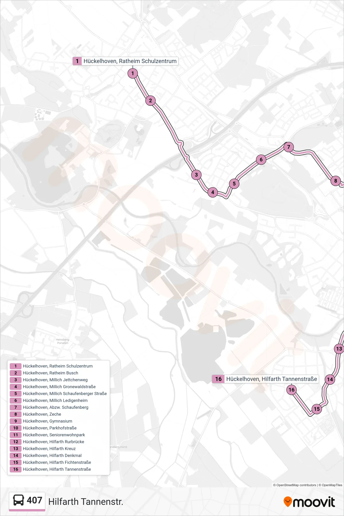 407 bus Line (Hilfarth Tannenstr.) route and stops on a map