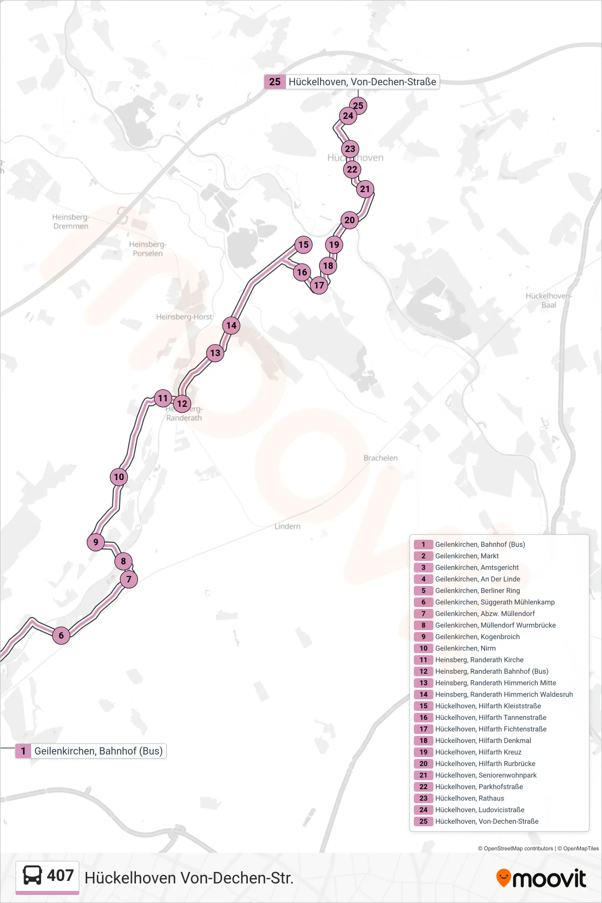Linie 407 (Bus) Richtung Hückelhoven  Von-Dechen-Str.: Route und Haltestellen auf der Karte