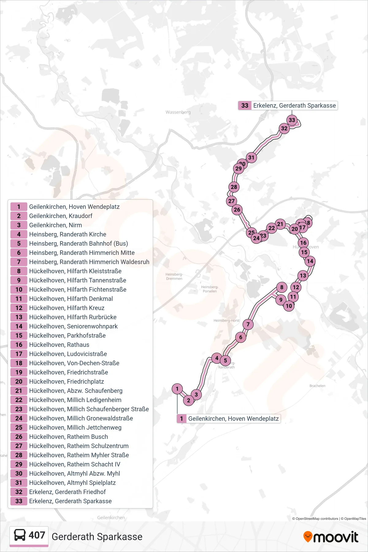 407 bus Line (Gerderath Sparkasse) route and stops on a map