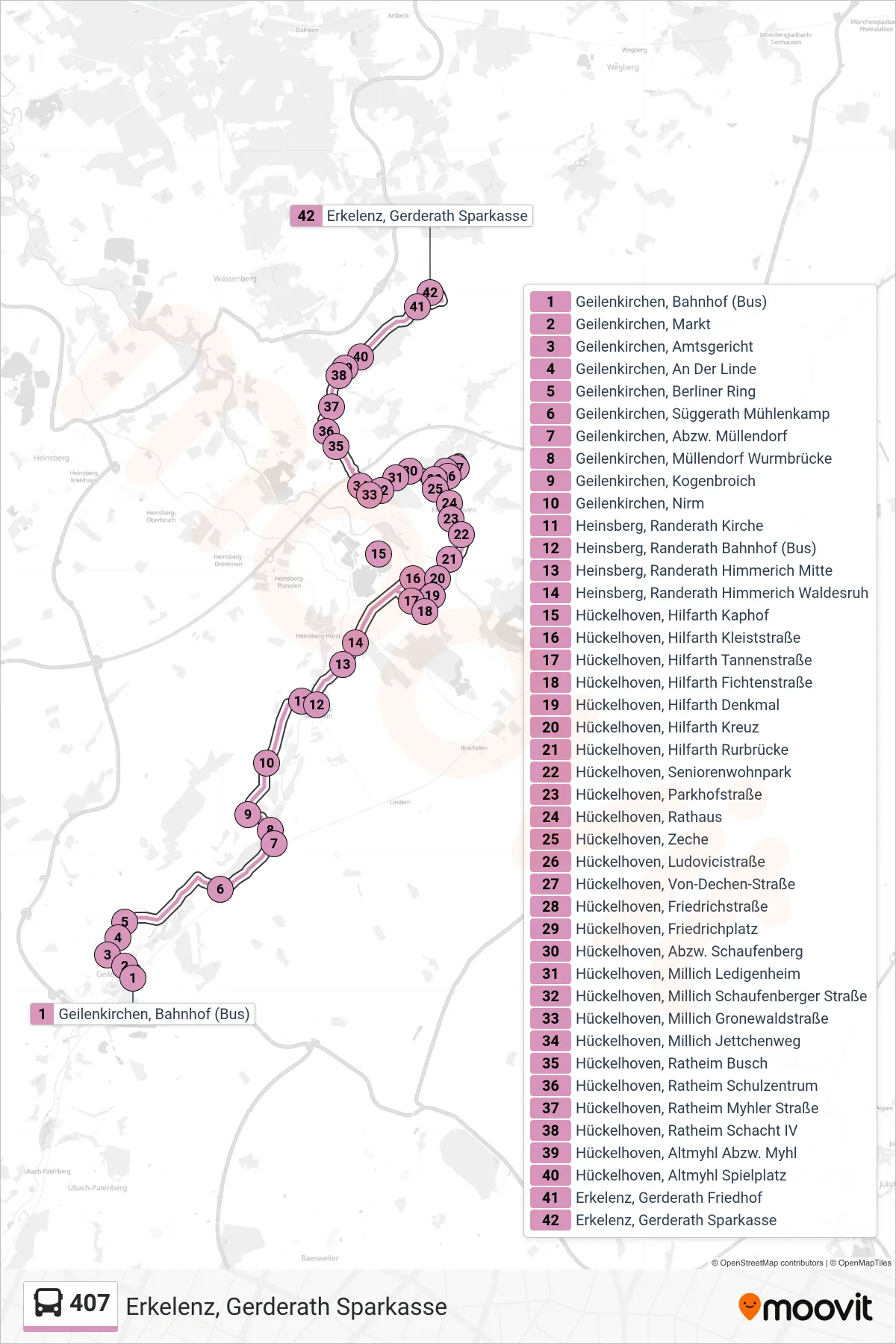 Linie 407 (Bus) Richtung Erkelenz, Gerderath Sparkasse: Route und Haltestellen auf der Karte