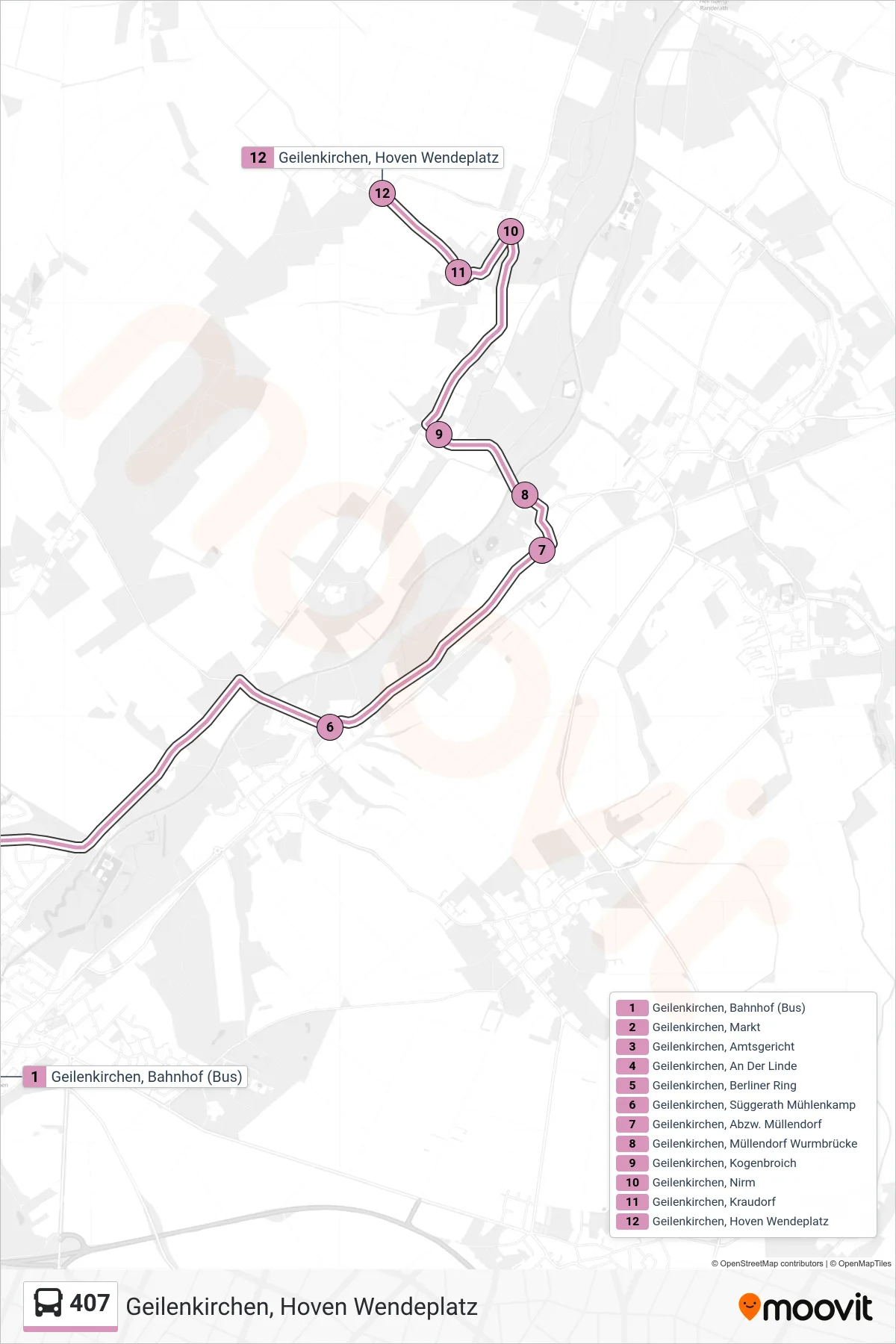 Linie 407 (Bus) Richtung Geilenkirchen, Hoven Wendeplatz: Route und Haltestellen auf der Karte