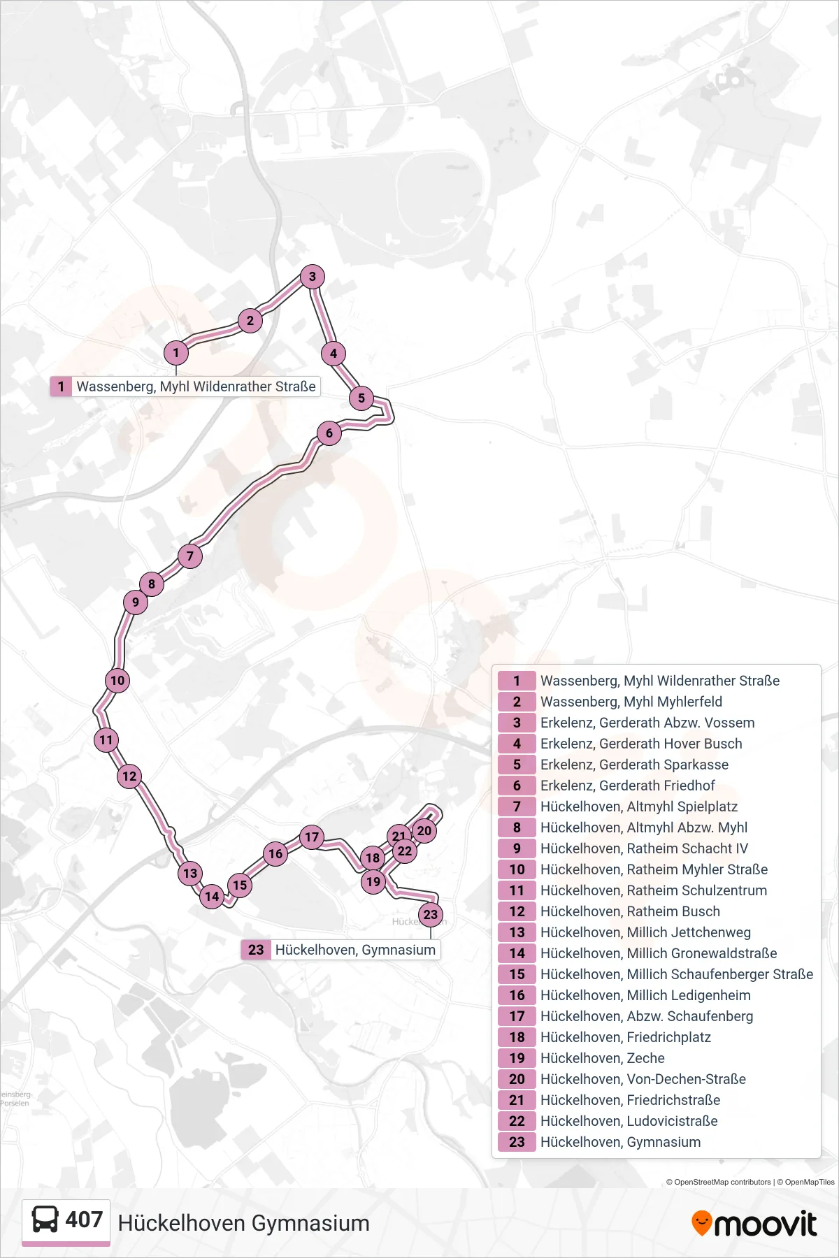 Linie 407 (Bus) Richtung Hückelhoven Gymnasium: Route und Haltestellen auf der Karte