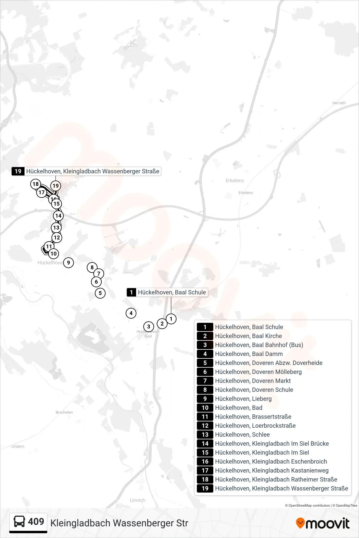 409 bus Line (Kleingladbach Wassenberger Str) route and stops on a map