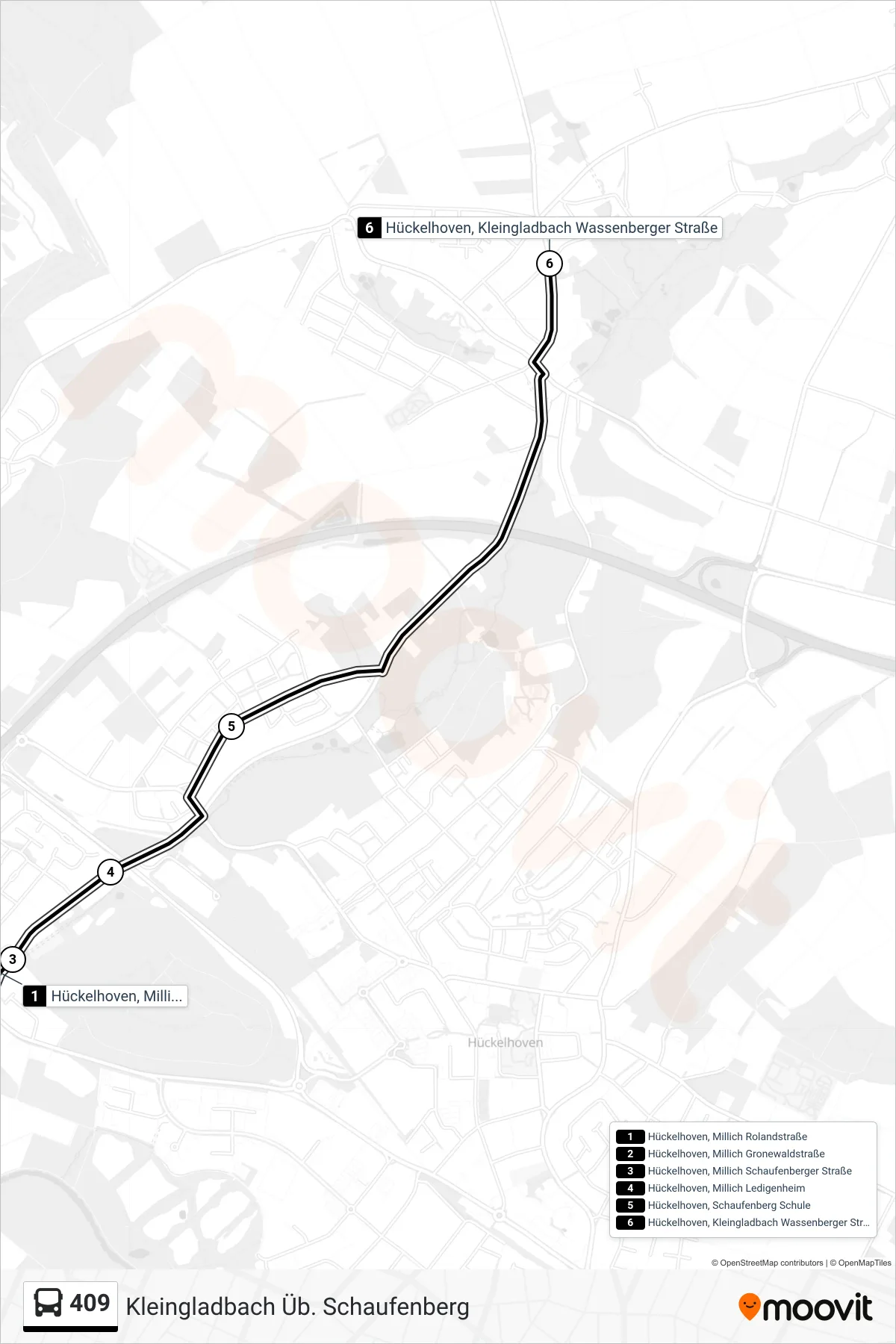 Linie 409 (Bus) Richtung Kleingladbach Üb. Schaufenberg: Route und Haltestellen auf der Karte