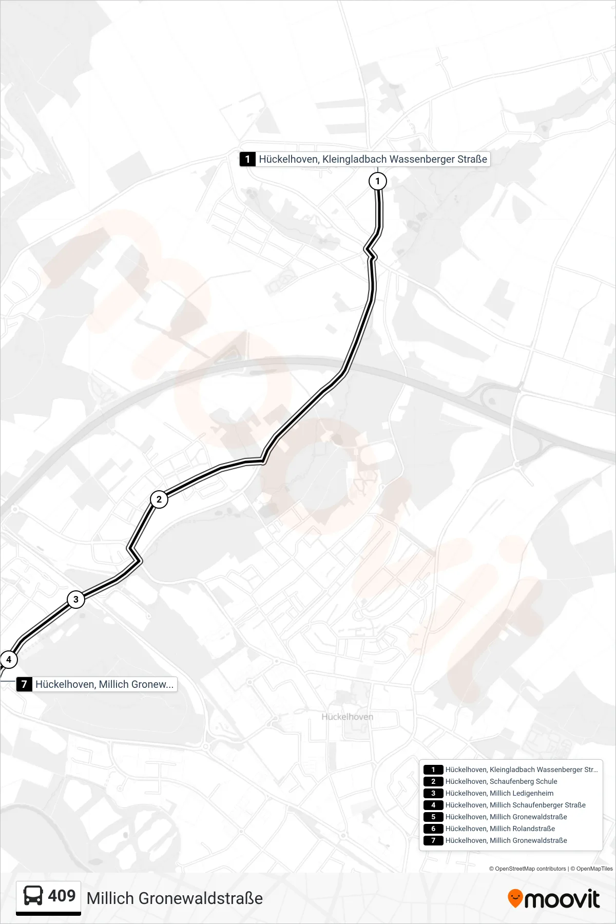 Linie 409 (Bus) Richtung Millich Gronewaldstraße: Route und Haltestellen auf der Karte