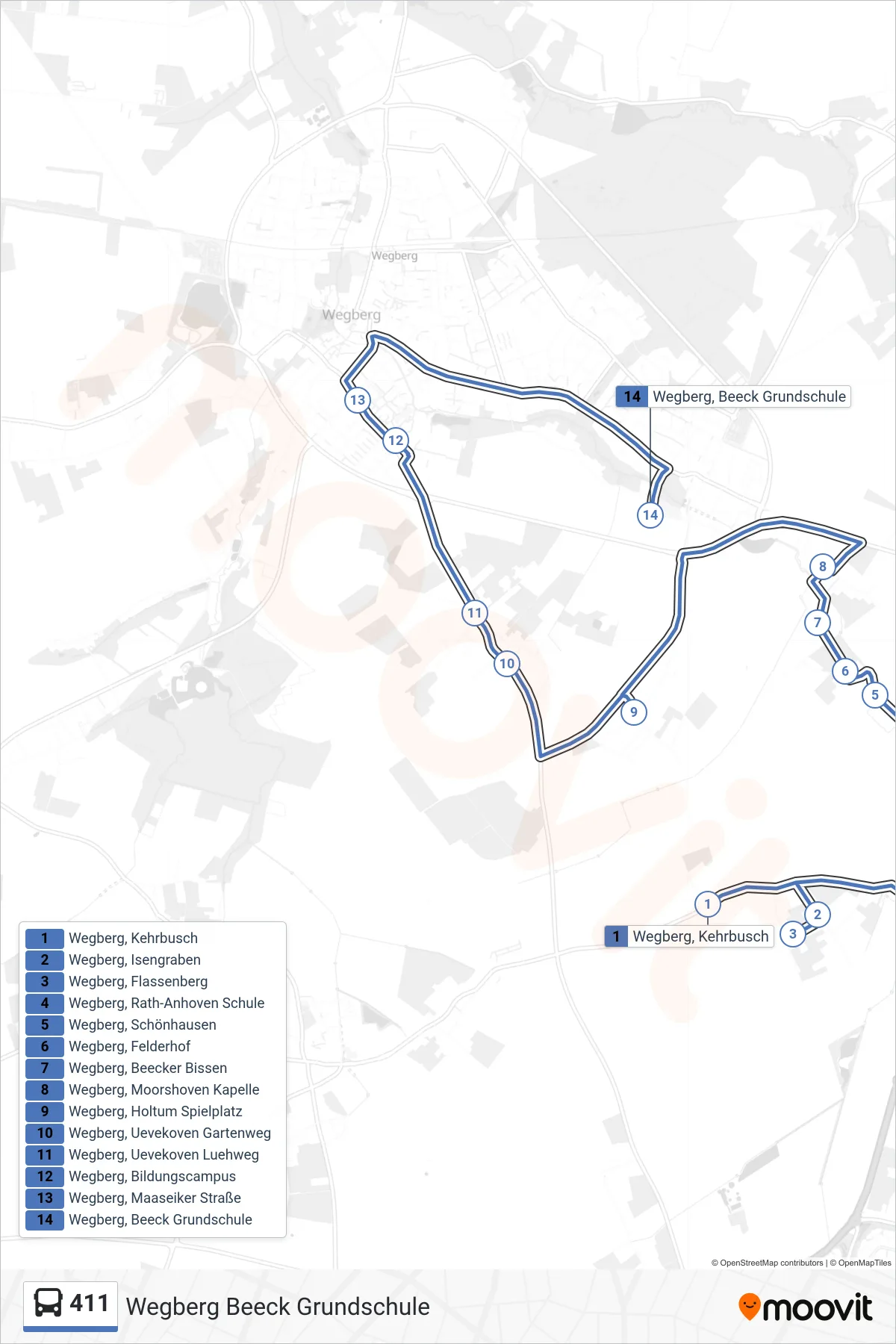 Linie 411 (Bus) Richtung Wegberg Beeck Grundschule: Route und Haltestellen auf der Karte