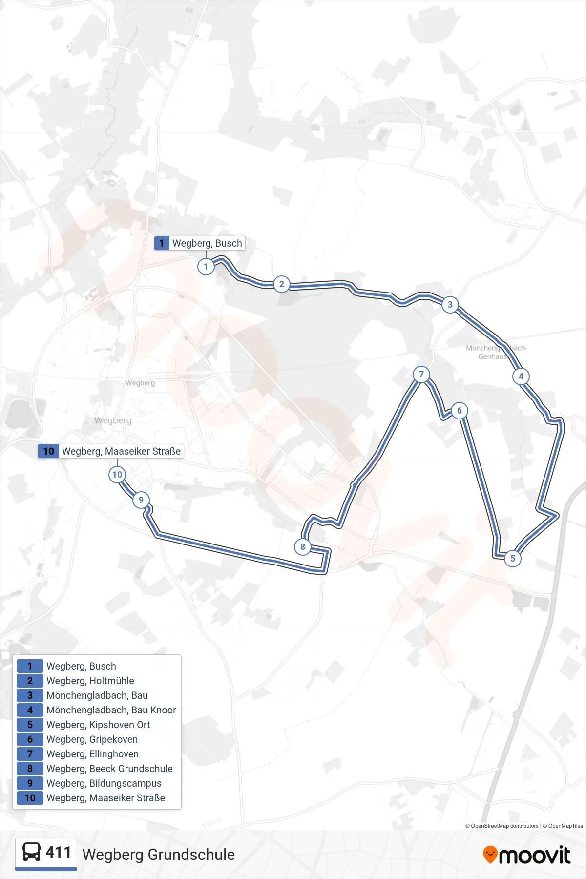 Linie 411 (Bus) Richtung Wegberg Grundschule: Route und Haltestellen auf der Karte