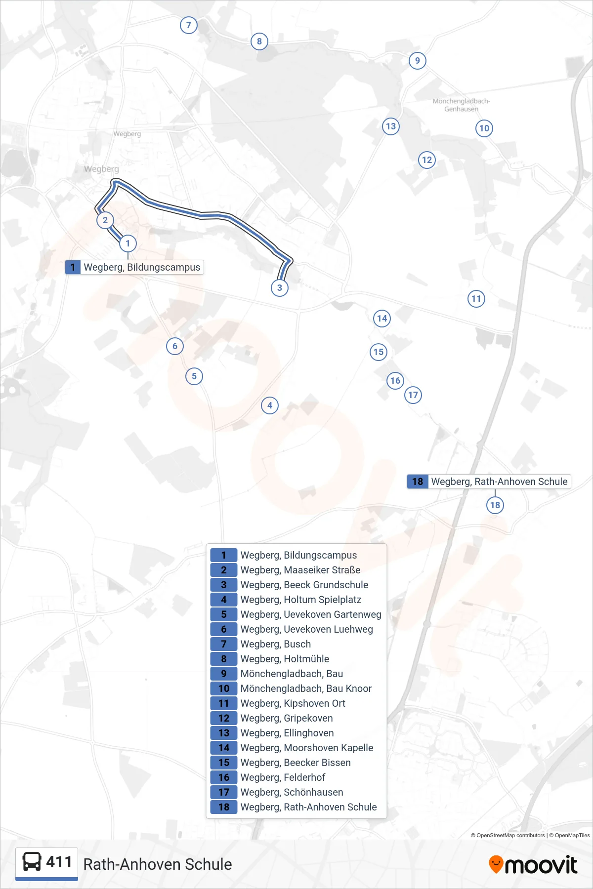 Linie 411 (Bus) Richtung Rath-Anhoven Schule: Route und Haltestellen auf der Karte