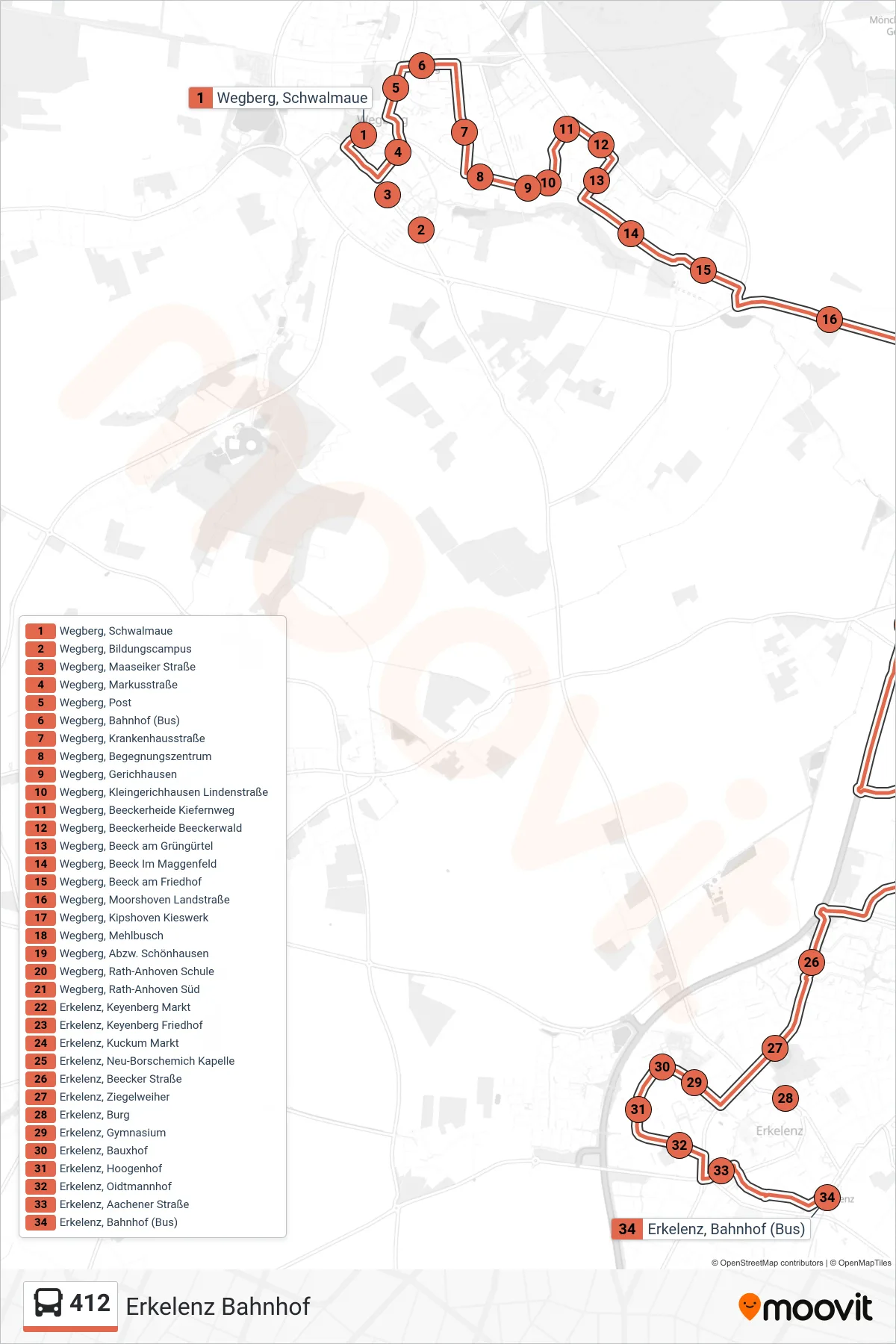 Linie 412 (Bus) Richtung Erkelenz Bahnhof: Route und Haltestellen auf der Karte