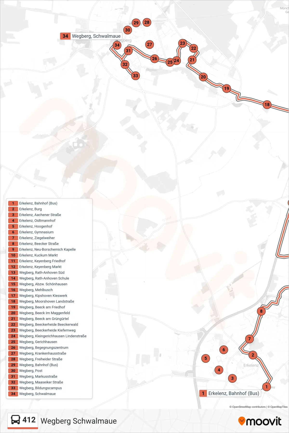 Linie 412 (Bus) Richtung Wegberg Schwalmaue: Route und Haltestellen auf der Karte