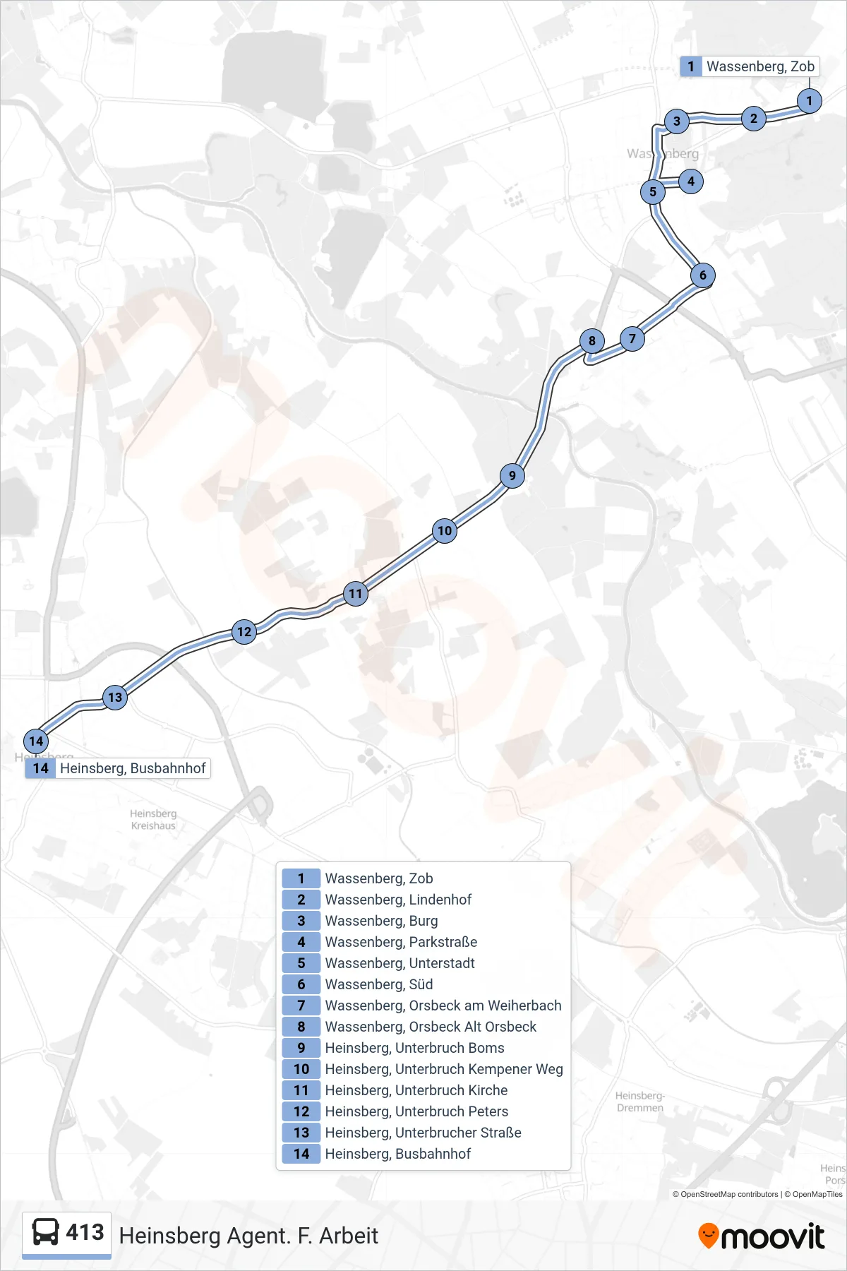 Linie 413 (Bus) Richtung Heinsberg Agent. F. Arbeit: Route und Haltestellen auf der Karte
