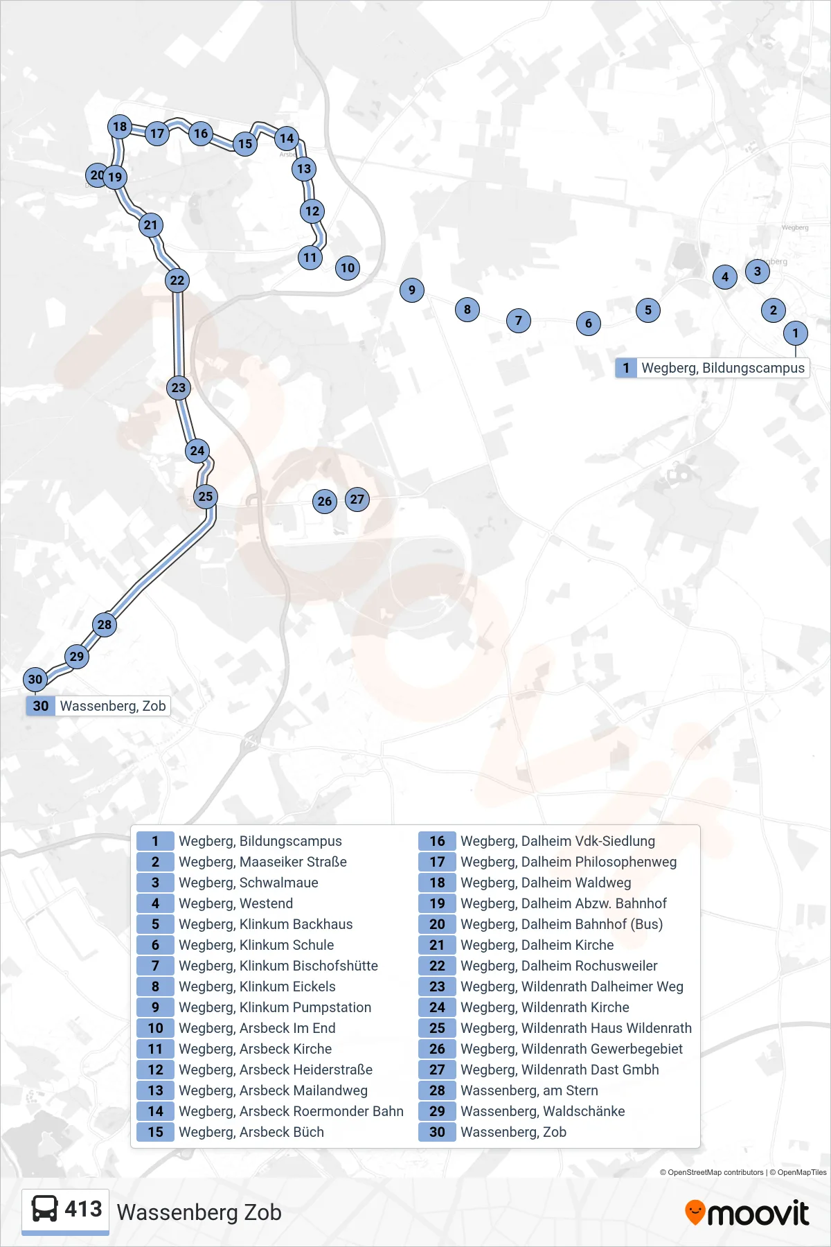 Linie 413 (Bus) Richtung Wassenberg Zob: Route und Haltestellen auf der Karte