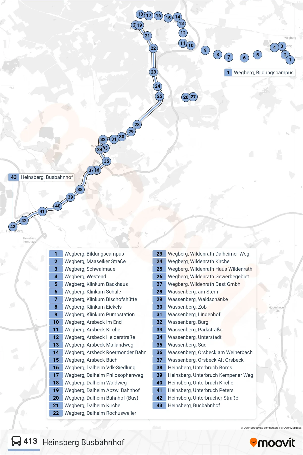 Linie 413 (Bus) Richtung Heinsberg Busbahnhof: Route und Haltestellen auf der Karte