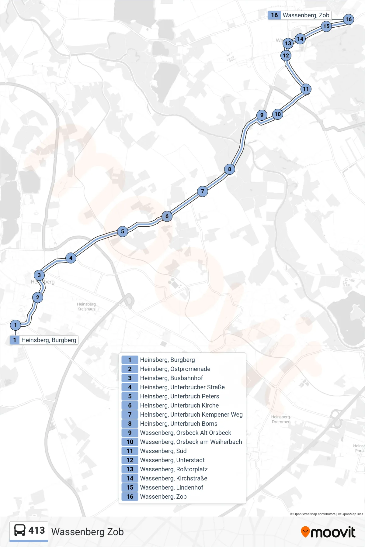 Linie 413 (Bus) Richtung Wassenberg Zob: Route und Haltestellen auf der Karte