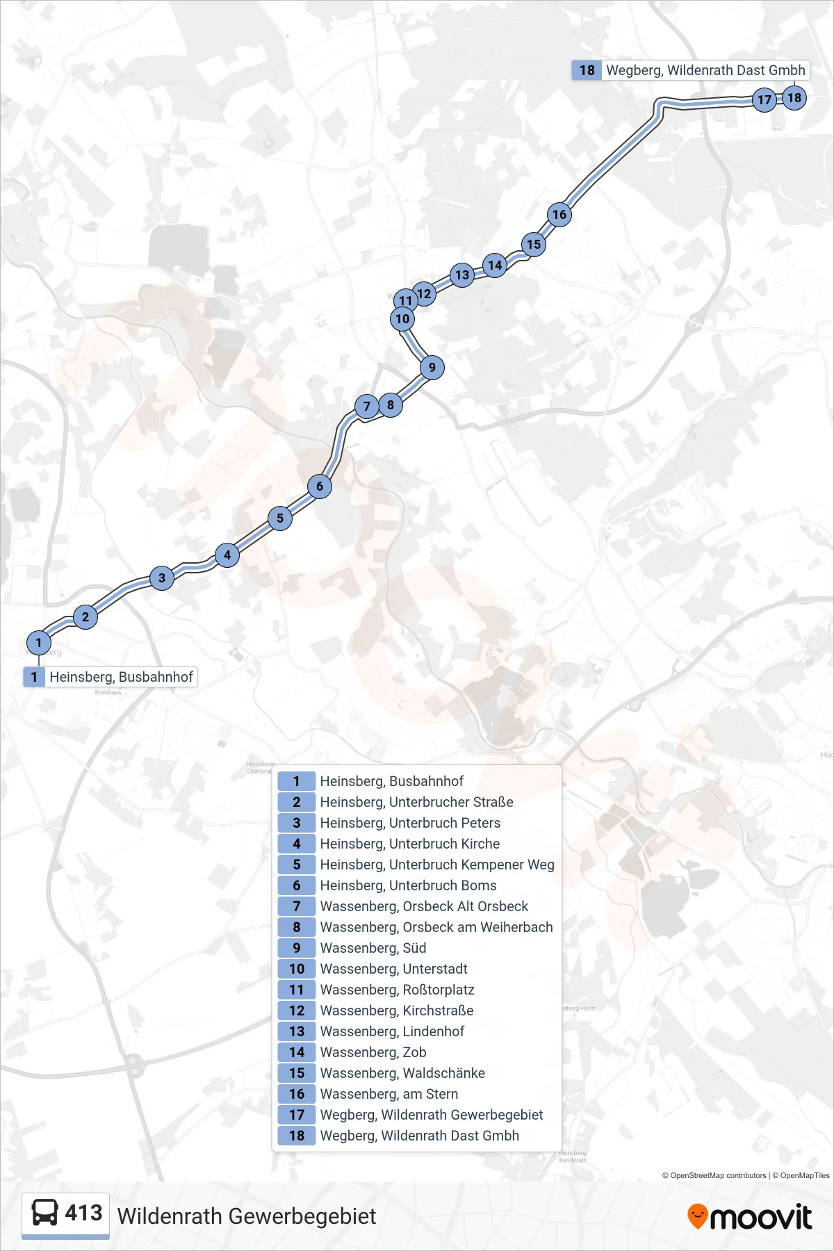 Linie 413 (Bus) Richtung Wildenrath Gewerbegebiet: Route und Haltestellen auf der Karte