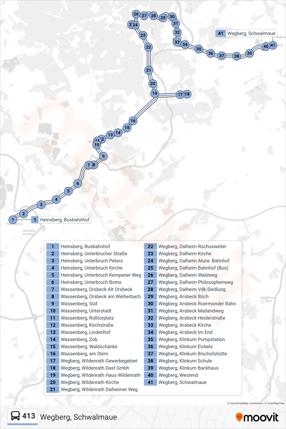 Linie 413 (Bus) Richtung Wegberg, Schwalmaue: Route und Haltestellen auf der Karte