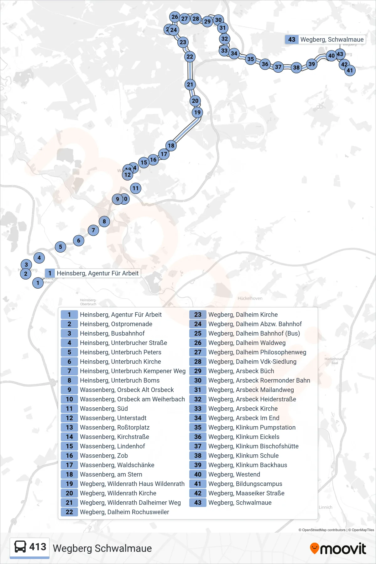 Linie 413 (Bus) Richtung Wegberg Schwalmaue: Route und Haltestellen auf der Karte