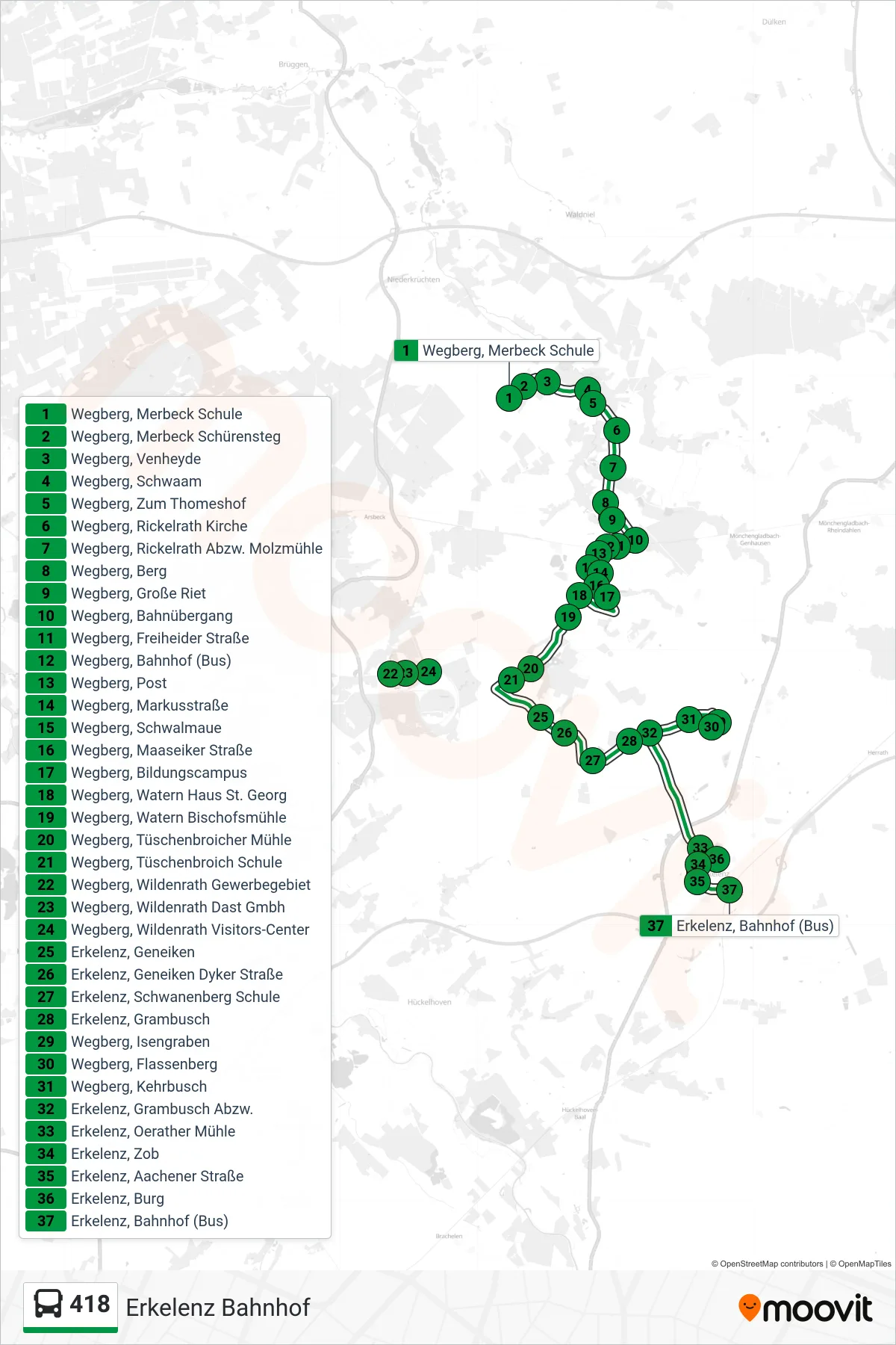 Linie 418 (Bus) Richtung Erkelenz Bahnhof: Route und Haltestellen auf der Karte