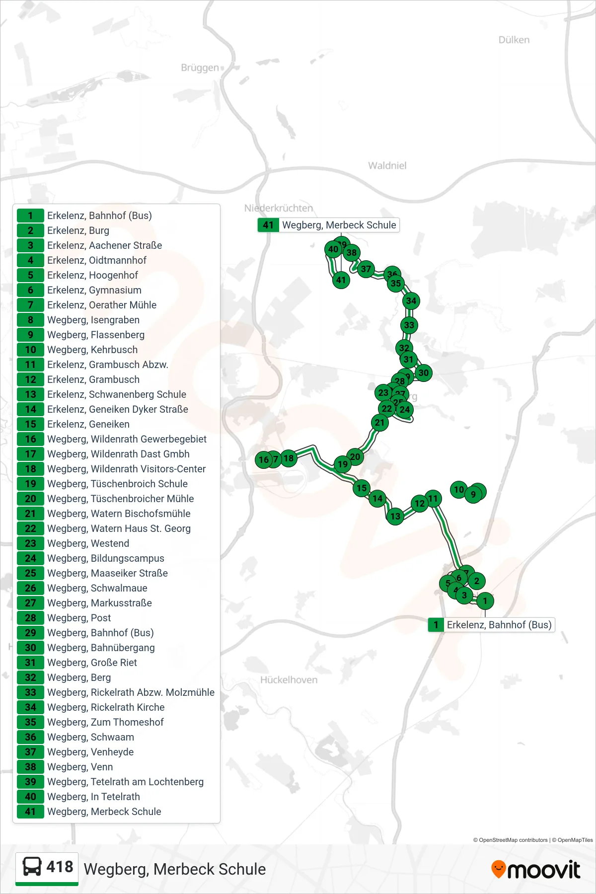 Linie 418 (Bus) Richtung Wegberg, Merbeck Schule: Route und Haltestellen auf der Karte