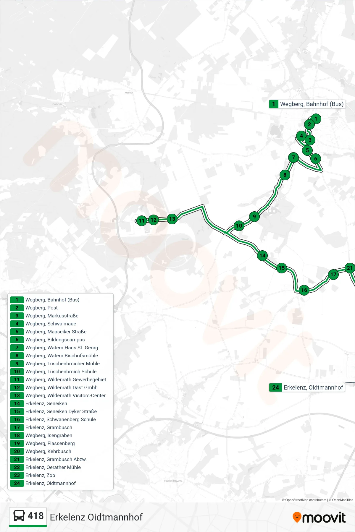 Linie 418 (Bus) Richtung Erkelenz Oidtmannhof: Route und Haltestellen auf der Karte