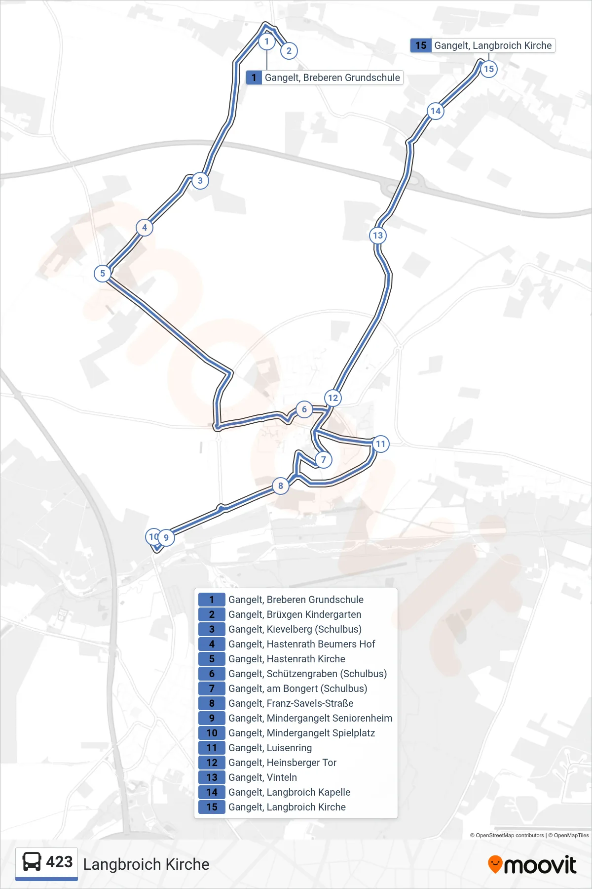 Linie 423 (Bus) Richtung Langbroich Kirche: Route und Haltestellen auf der Karte