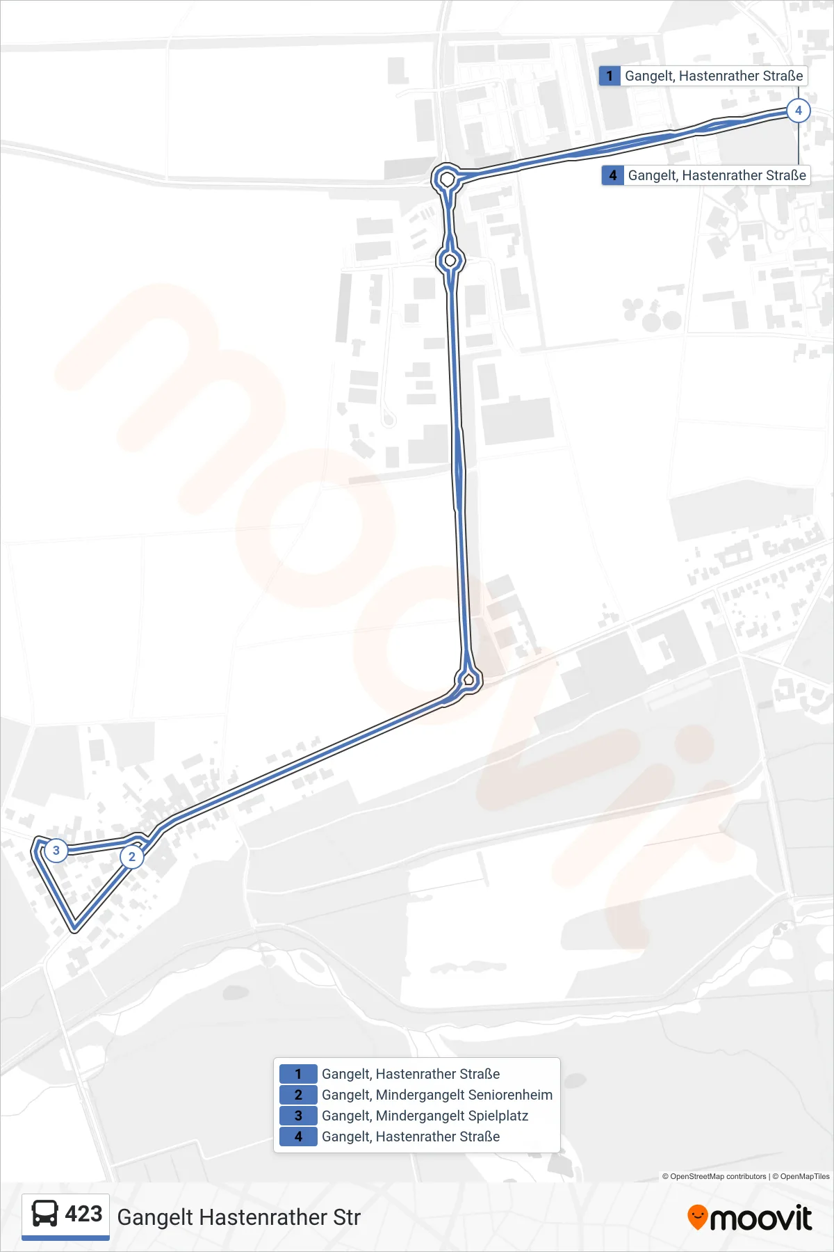 423 bus Line (Gangelt Hastenrather Str) route and stops on a map