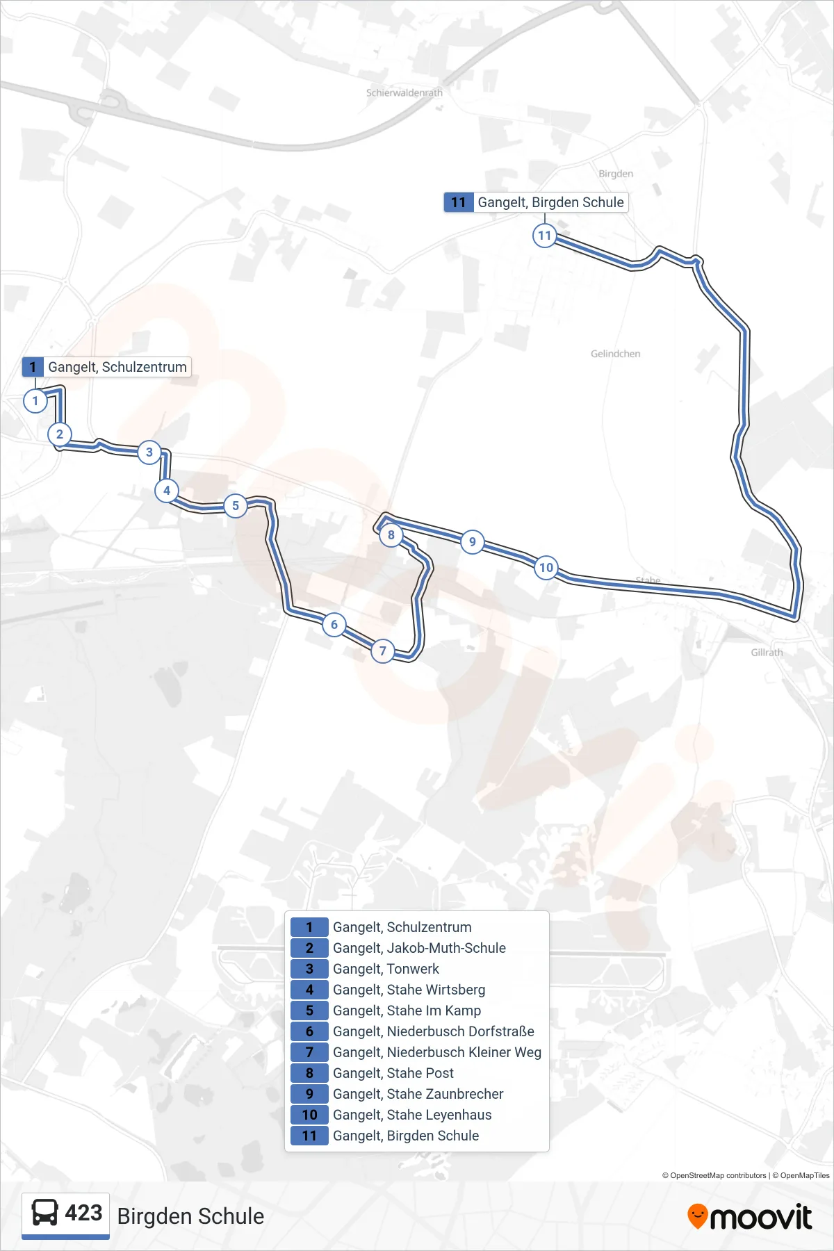 Linie 423 (Bus) Richtung Birgden Schule: Route und Haltestellen auf der Karte