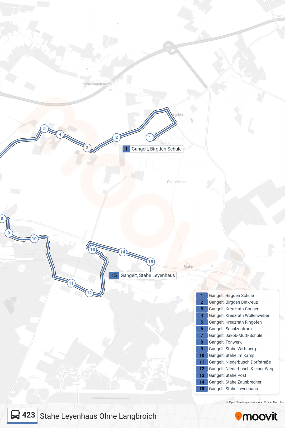 Linie 423 (Bus) Richtung Stahe Leyenhaus Ohne Langbroich: Route und Haltestellen auf der Karte
