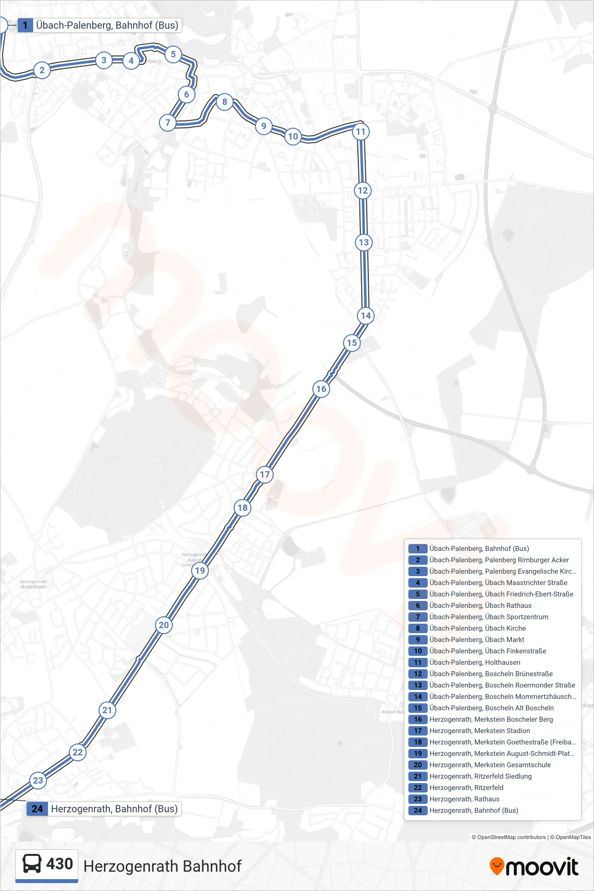 Linie 430 (Bus) Richtung Herzogenrath Bahnhof: Route und Haltestellen auf der Karte