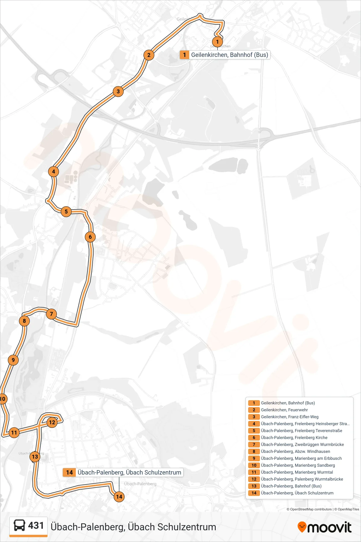 Linie 431 (Bus) Richtung Übach-Palenberg, Übach Schulzentrum: Route und Haltestellen auf der Karte