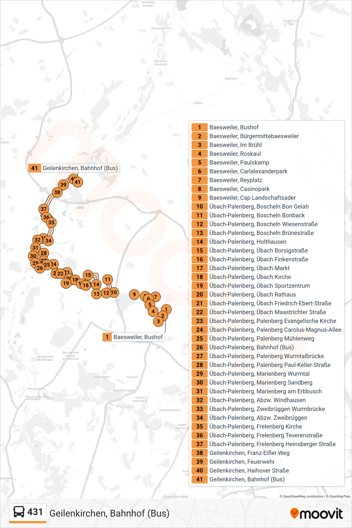 Linie 431 (Bus) Richtung Geilenkirchen, Bahnhof (Bus): Route und Haltestellen auf der Karte