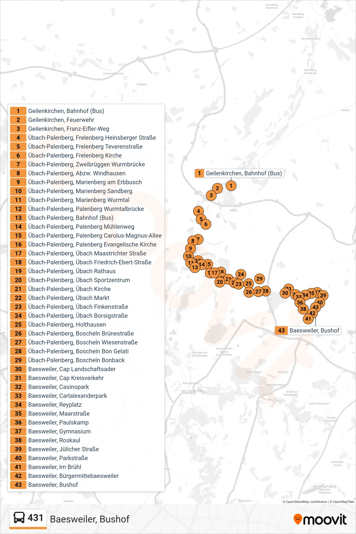 Linie 431 (Bus) Richtung Baesweiler, Bushof: Route und Haltestellen auf der Karte