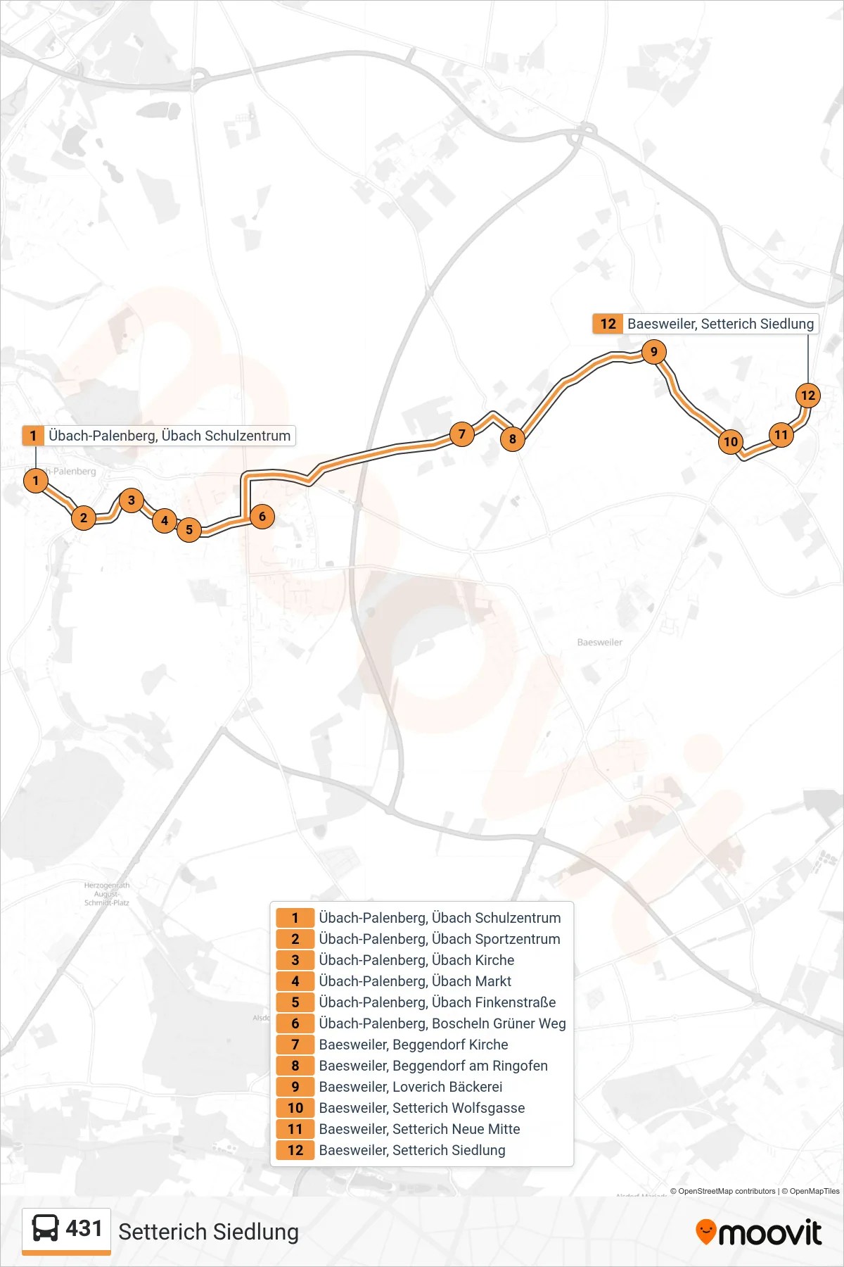 Linie 431 (Bus) Richtung Setterich Siedlung: Route und Haltestellen auf der Karte