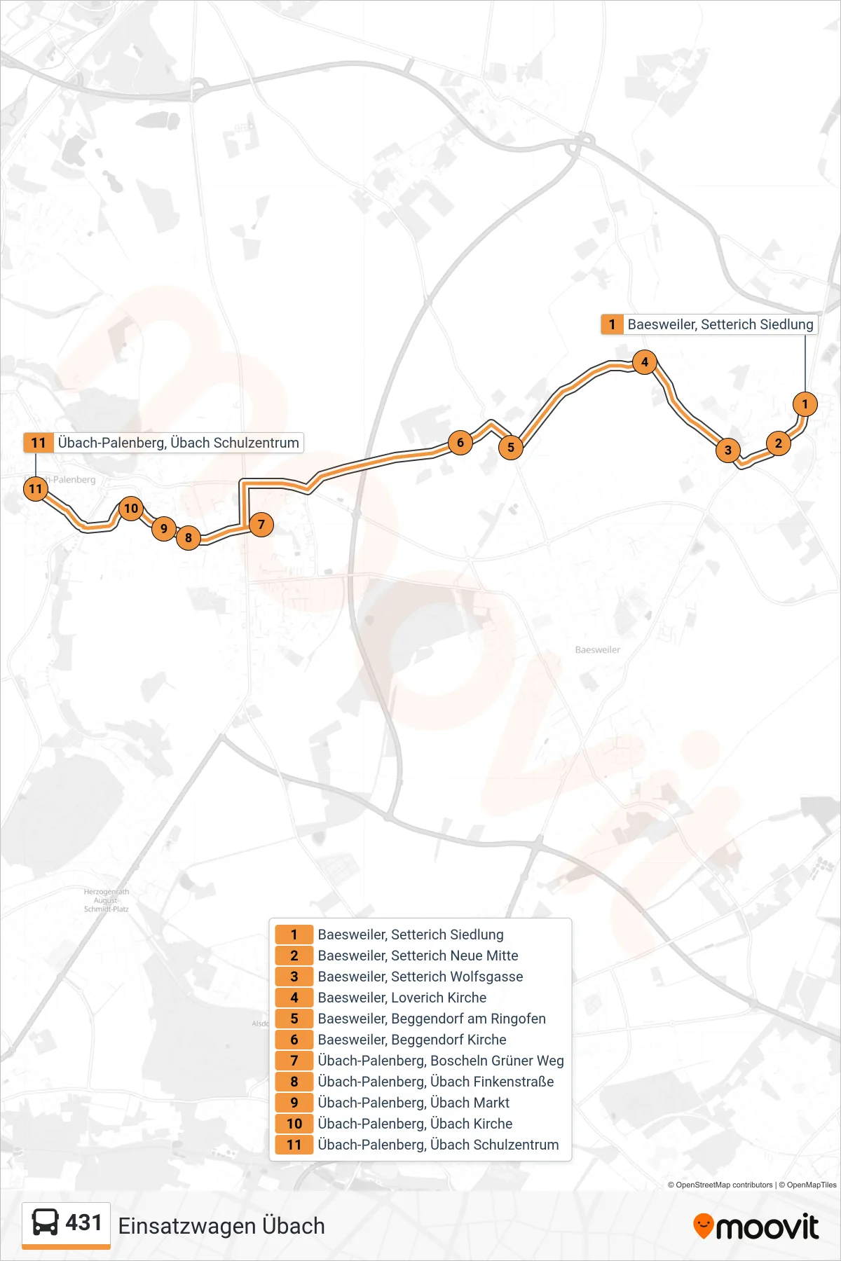 431 bus Line (Einsatzwagen Übach) route and stops on a map