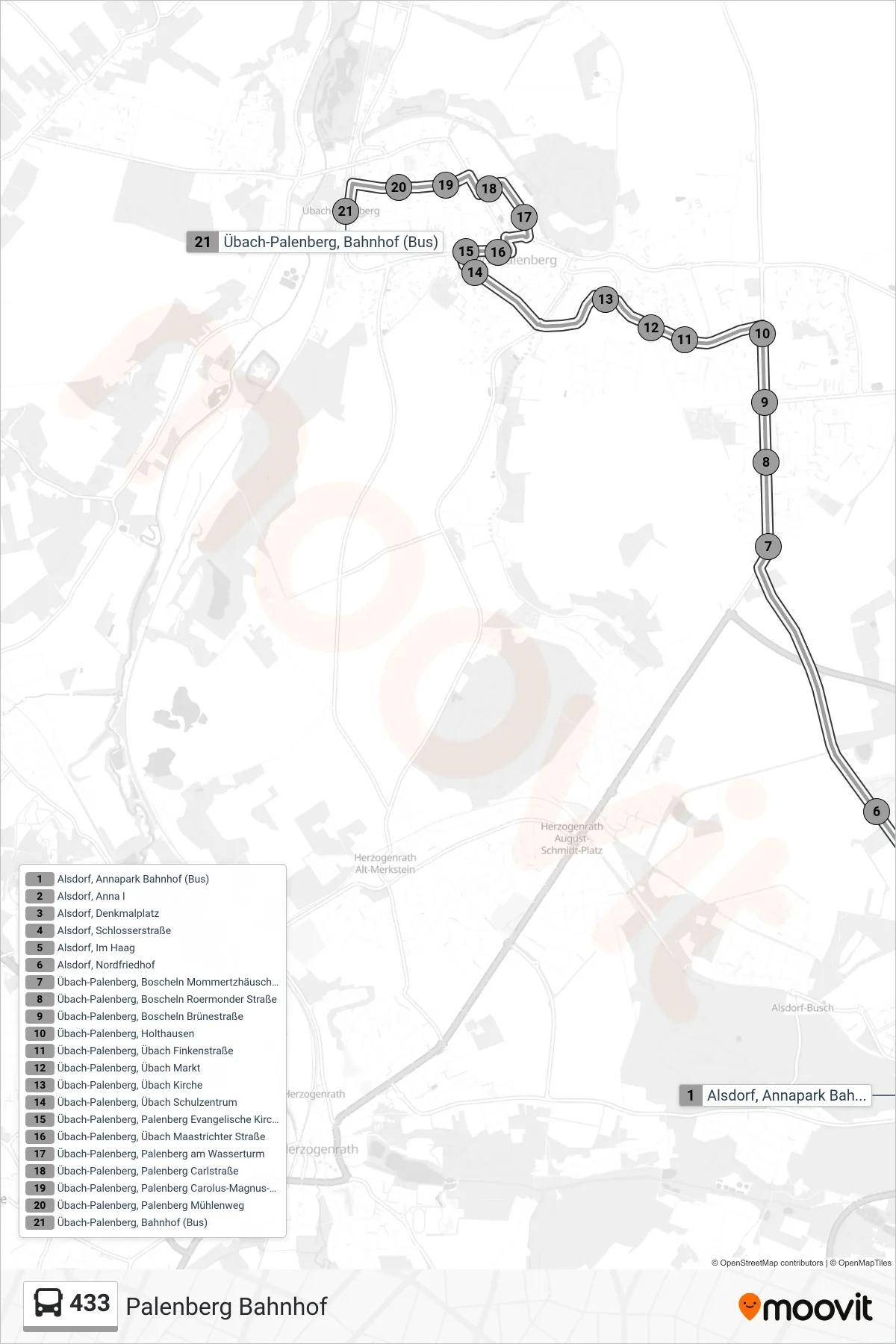 Linie 433 (Bus) Richtung Palenberg Bahnhof: Route und Haltestellen auf der Karte