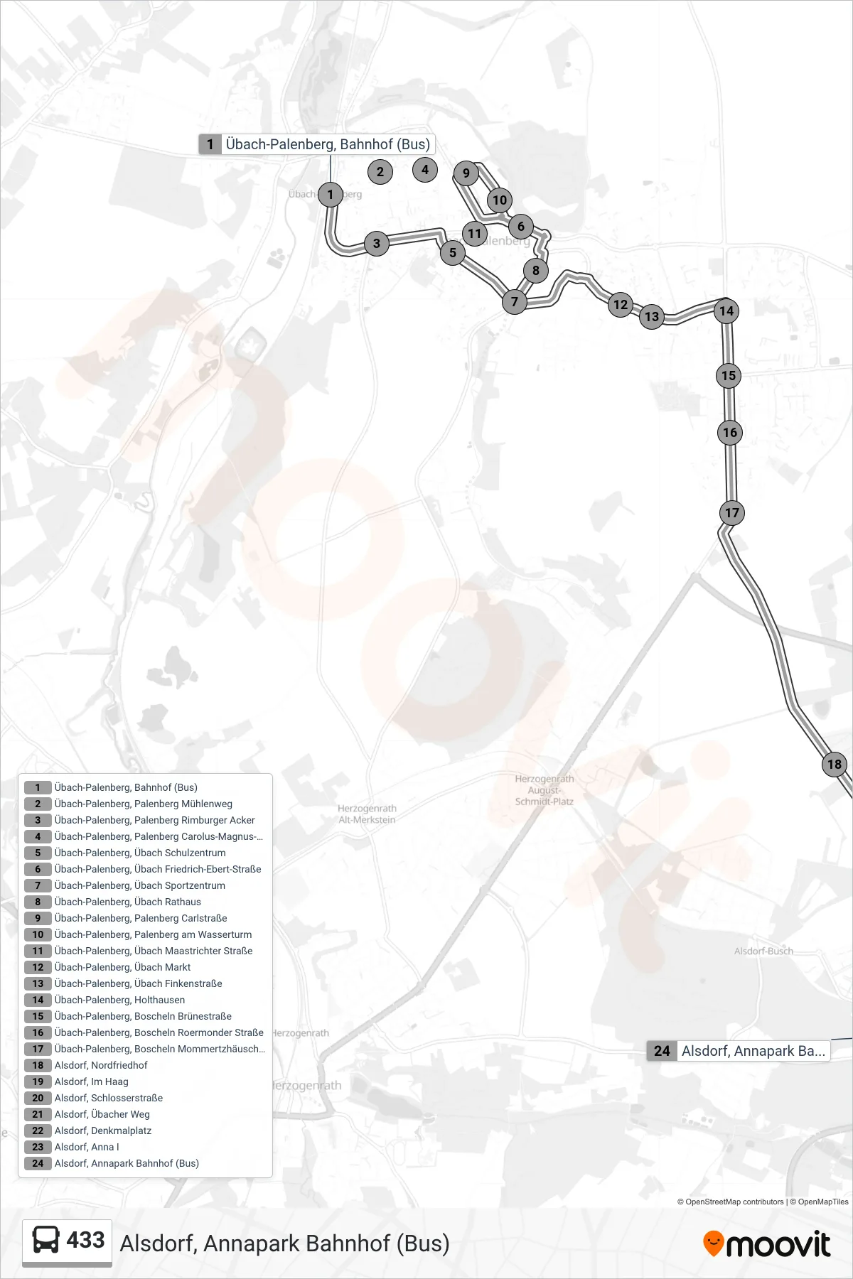 Linie 433 (Bus) Richtung Alsdorf, Annapark Bahnhof (Bus): Route und Haltestellen auf der Karte