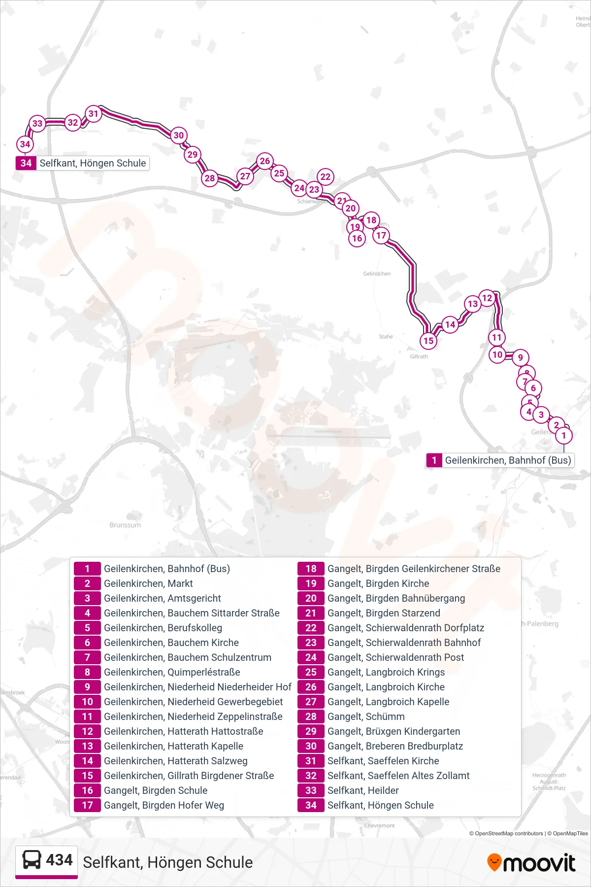Linie 434 (Bus) Richtung Selfkant, Höngen Schule: Route und Haltestellen auf der Karte