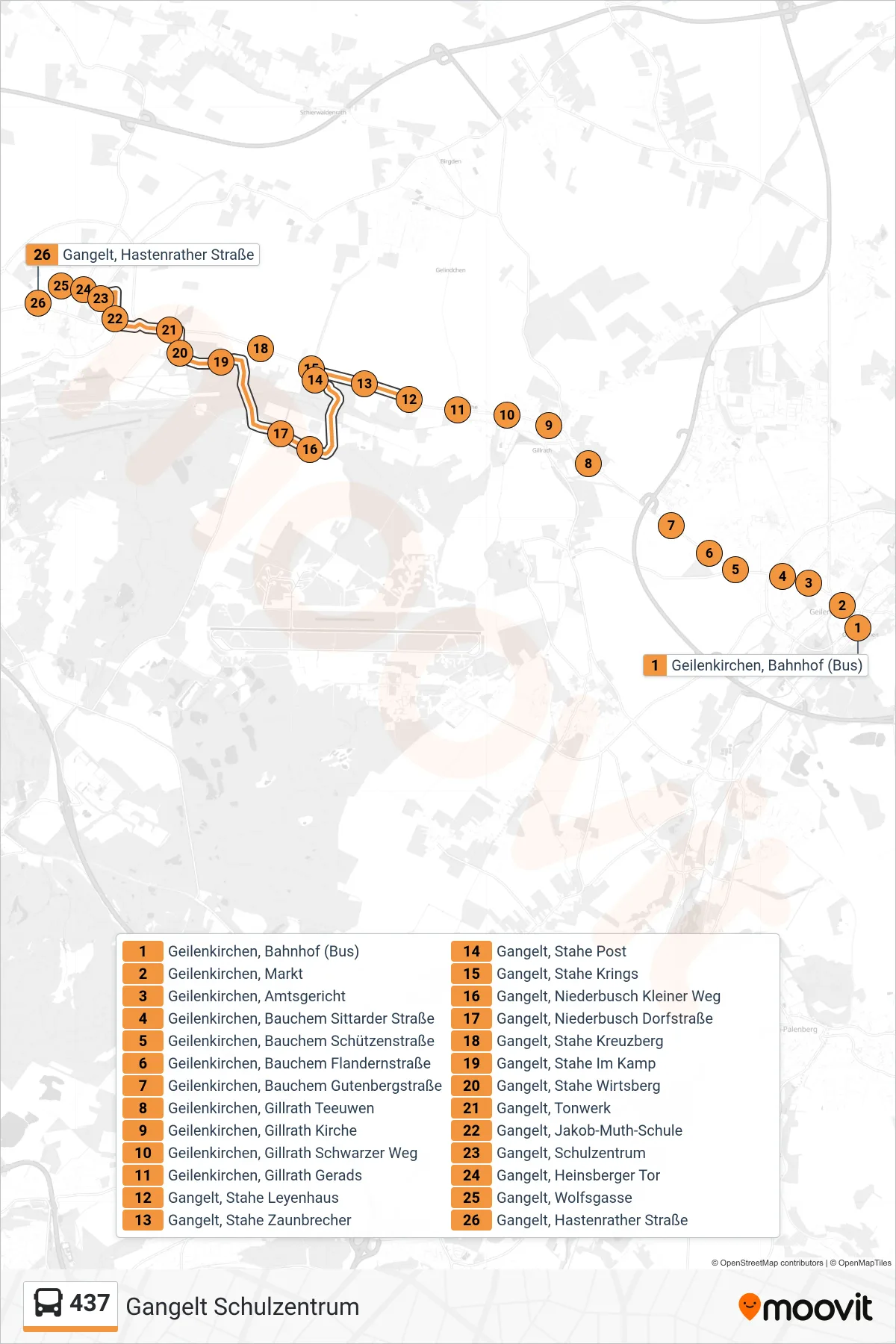 437 bus Line (Gangelt Schulzentrum) route and stops on a map