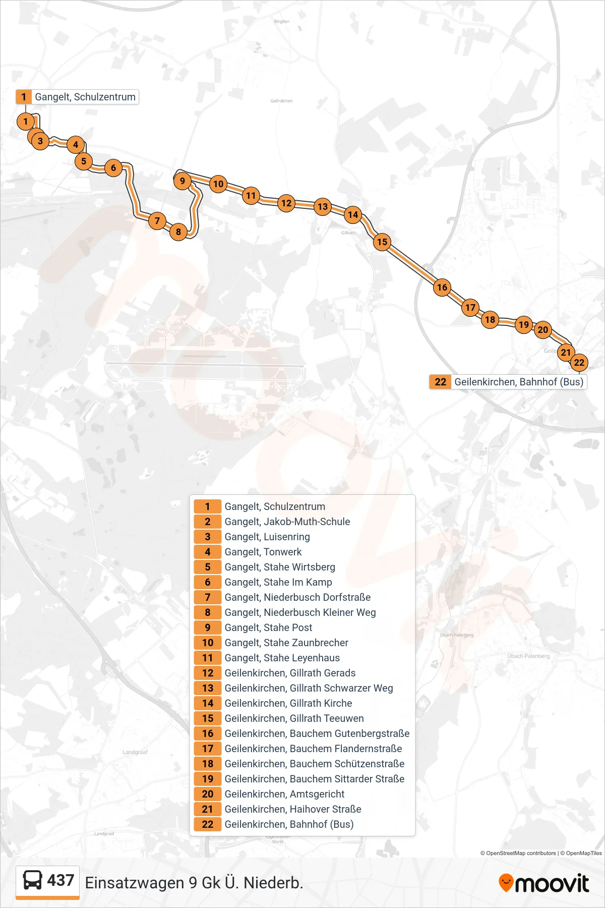 Linie 437 (Bus) Richtung Einsatzwagen 9 Gk Ü. Niederb.: Route und Haltestellen auf der Karte