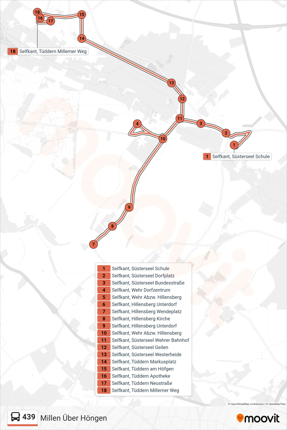 Linie 439 (Bus) Richtung Millen Über Höngen: Route und Haltestellen auf der Karte