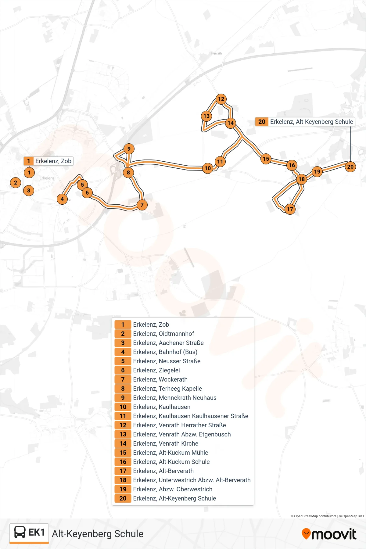 Linie EK1 (Bus) Richtung Alt-Keyenberg Schule: Route und Haltestellen auf der Karte
