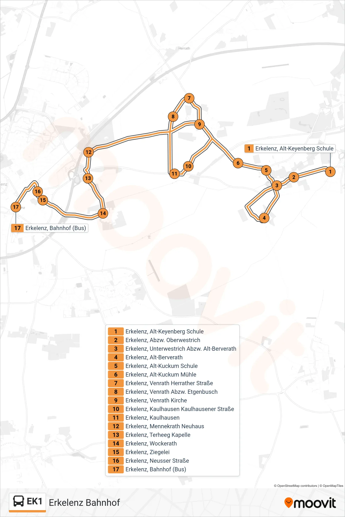 Linie EK1 (Bus) Richtung Erkelenz Bahnhof: Route und Haltestellen auf der Karte