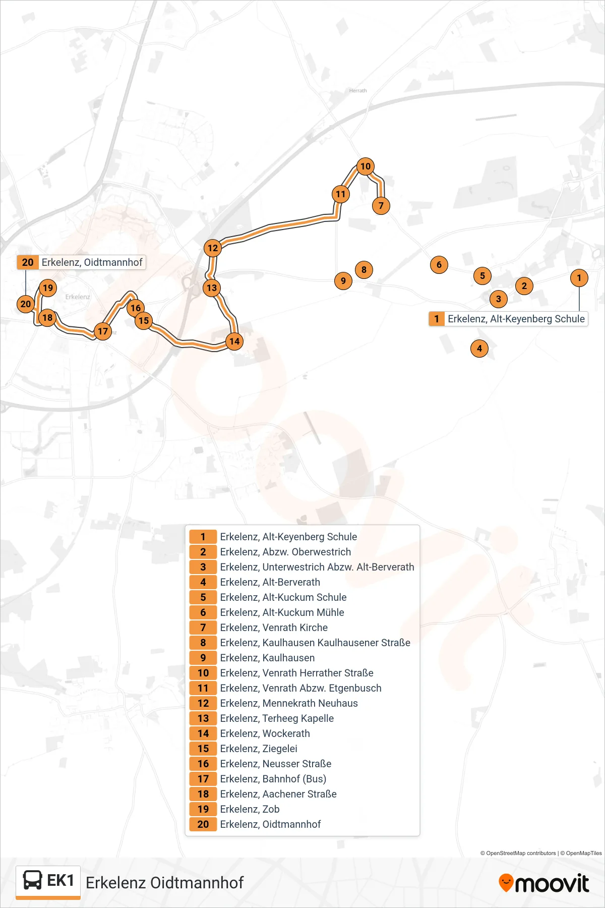 Linie EK1 (Bus) Richtung Erkelenz Oidtmannhof: Route und Haltestellen auf der Karte