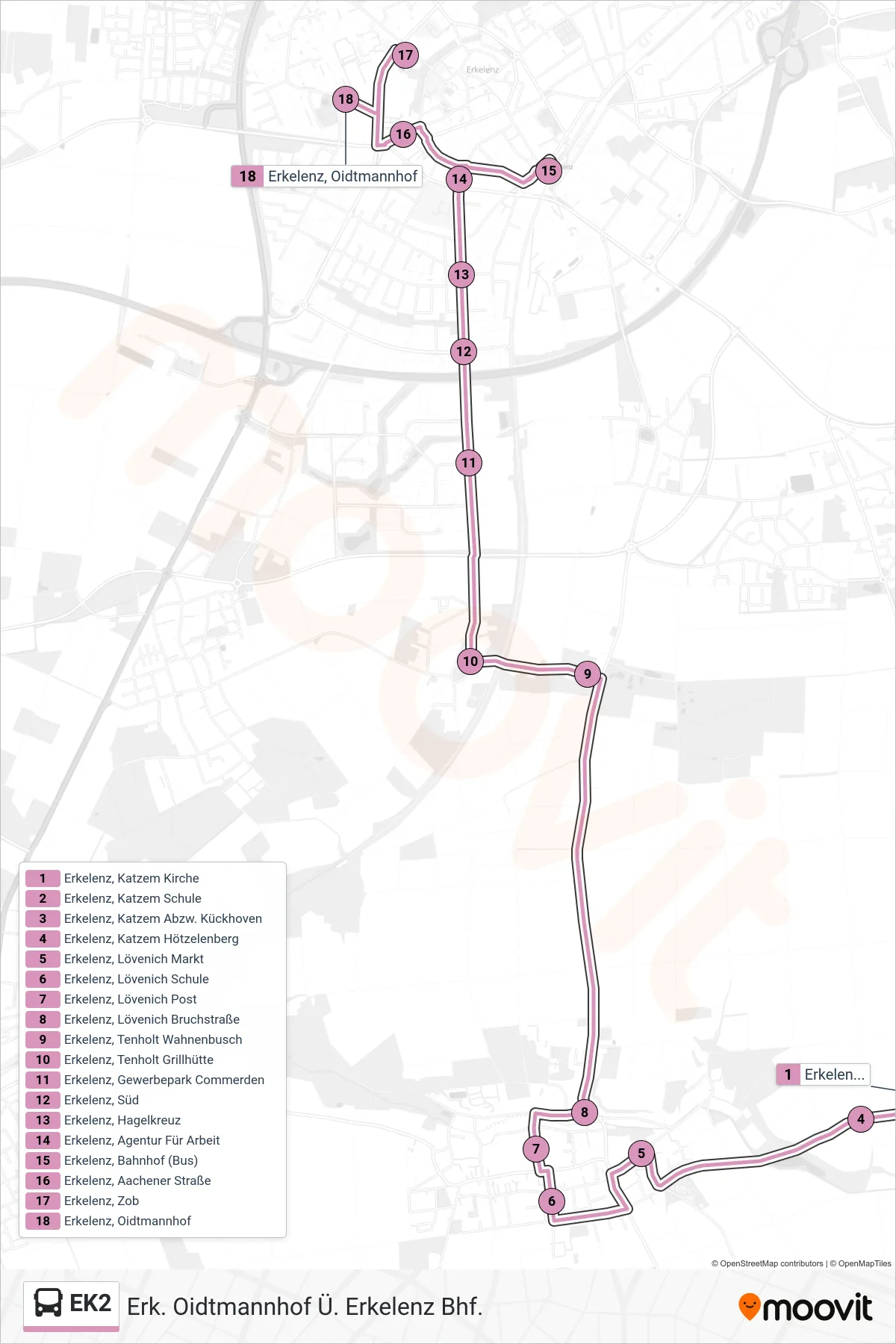 Linie EK2 (Bus) Richtung Erk. Oidtmannhof Ü. Erkelenz Bhf.: Route und Haltestellen auf der Karte