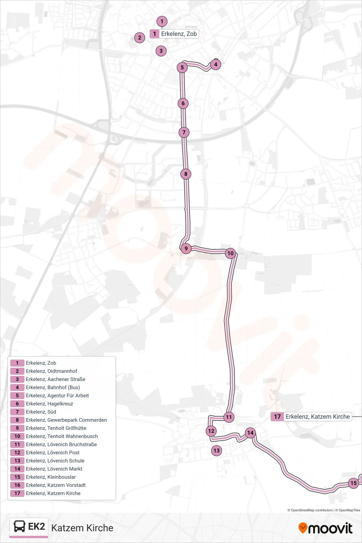 Linie EK2 (Bus) Richtung Katzem Kirche: Route und Haltestellen auf der Karte
