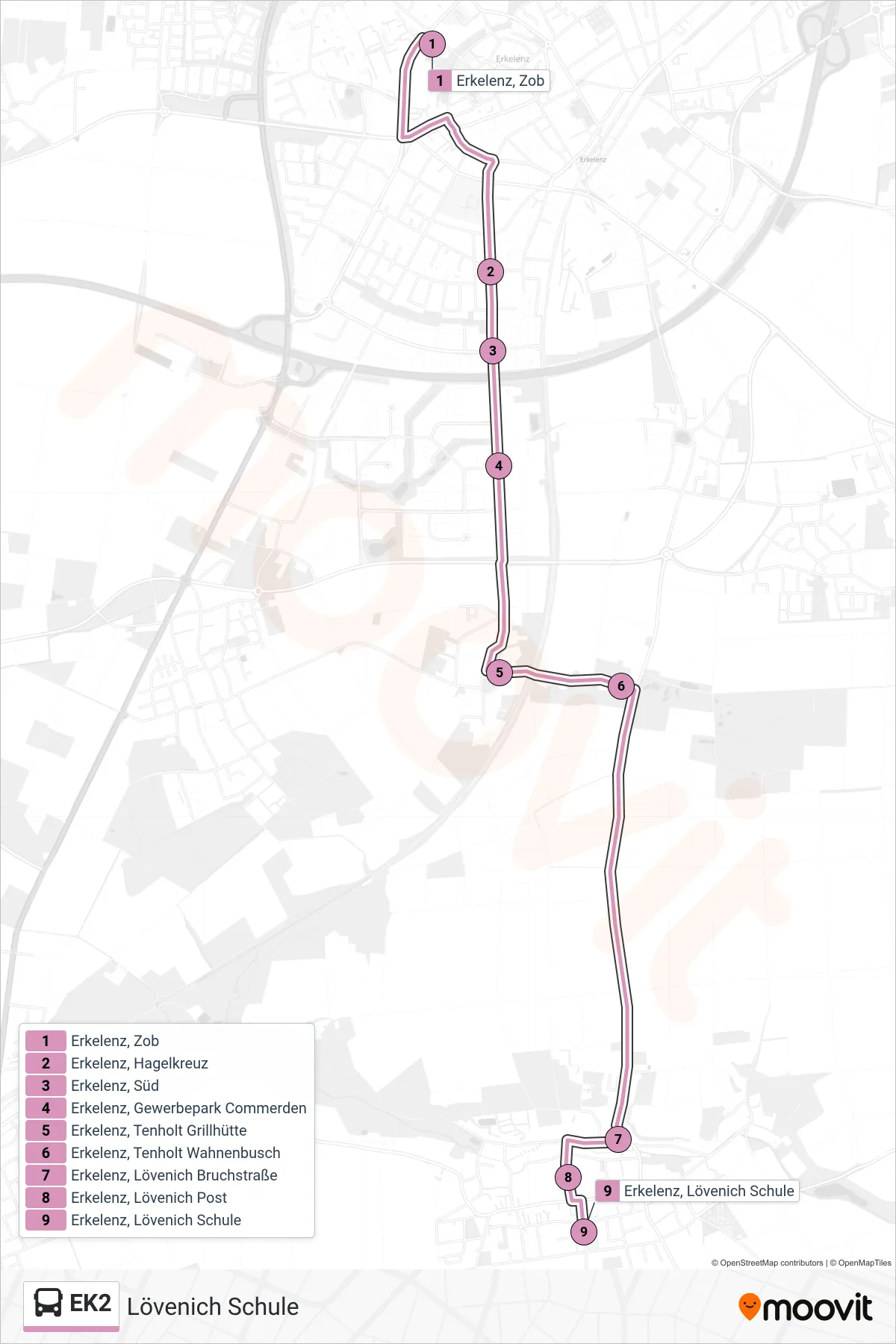 Linie EK2 (Bus) Richtung Lövenich Schule: Route und Haltestellen auf der Karte